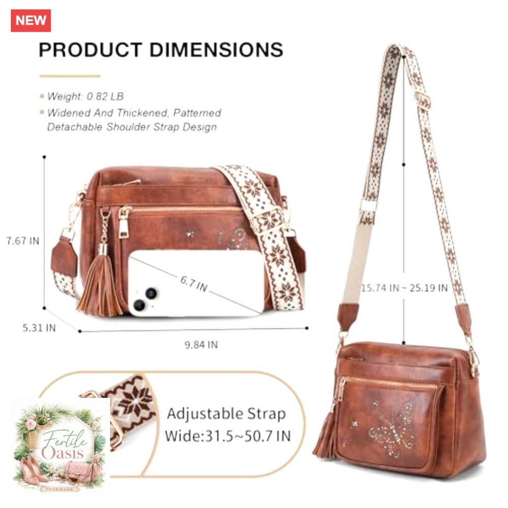 Trendy Leather Crossbody Purse Shoulder Handbag Butterfly Design Chic Versatile - Picture 5 of 7